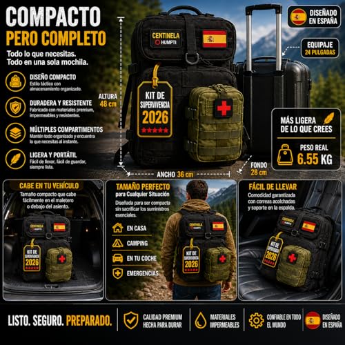 Miniatura 7 de Kit De Supervivencia Completo Ue 2026, Mochila Supervivencia 72 Horas Equipada Con Camping Gas Portatil, Kit Supervivencia Catastrofe, Botiquín Táctico Con Radio Sola, Alicates, Tijeras Y Silbato