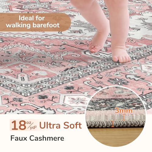 OPPODREAM Soft Area Rugs 4x6, Low-Pile Washable Rugs 4x6 with Non Slip Backing, Faux Cashmere 4 x 6 Throw Carpet, Pink & Cream