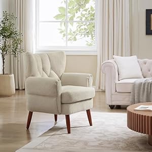 Art leon modern accent chair boucle fabric upholstered armchair single sofa chair with wood legs for living room bedroom off white  urban country home decor