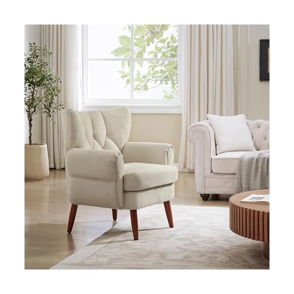 Art leon modern accent chair boucle fabric upholstered armchair single sofa chair with wood legs for living room bedroom off white  urban country home decor