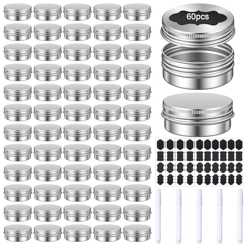 Tolare 60 Pack Small Tins with Lids Empty Tin Cans with Lids Aluminum Tin Jar Containers for DIY Cosmetic Balm Salve Candle Making with 5 Markers & 5 Sheets Labels (1 oz Silver)