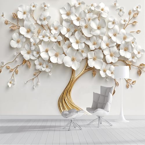 Revêtement mural arbre à fleurs blanches pour chambre cocooning