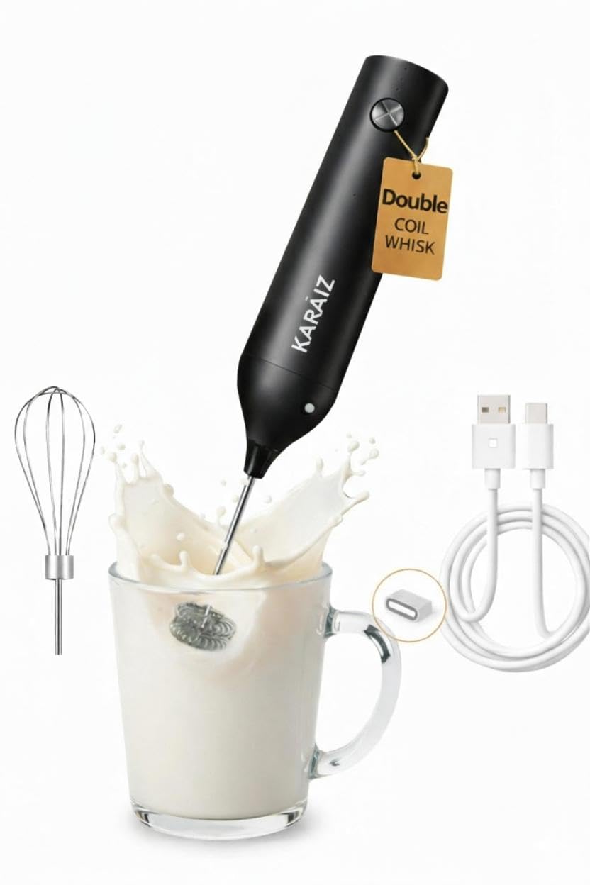 KARAIZ Electric Milk Frother Handheld, Rechargeable Coffee Frother with Dual-Spring Whisk, Portable 3-Speed Electric Foam Maker for Latte, Cappuccino, Hot Chocolate, Matcha-Black
