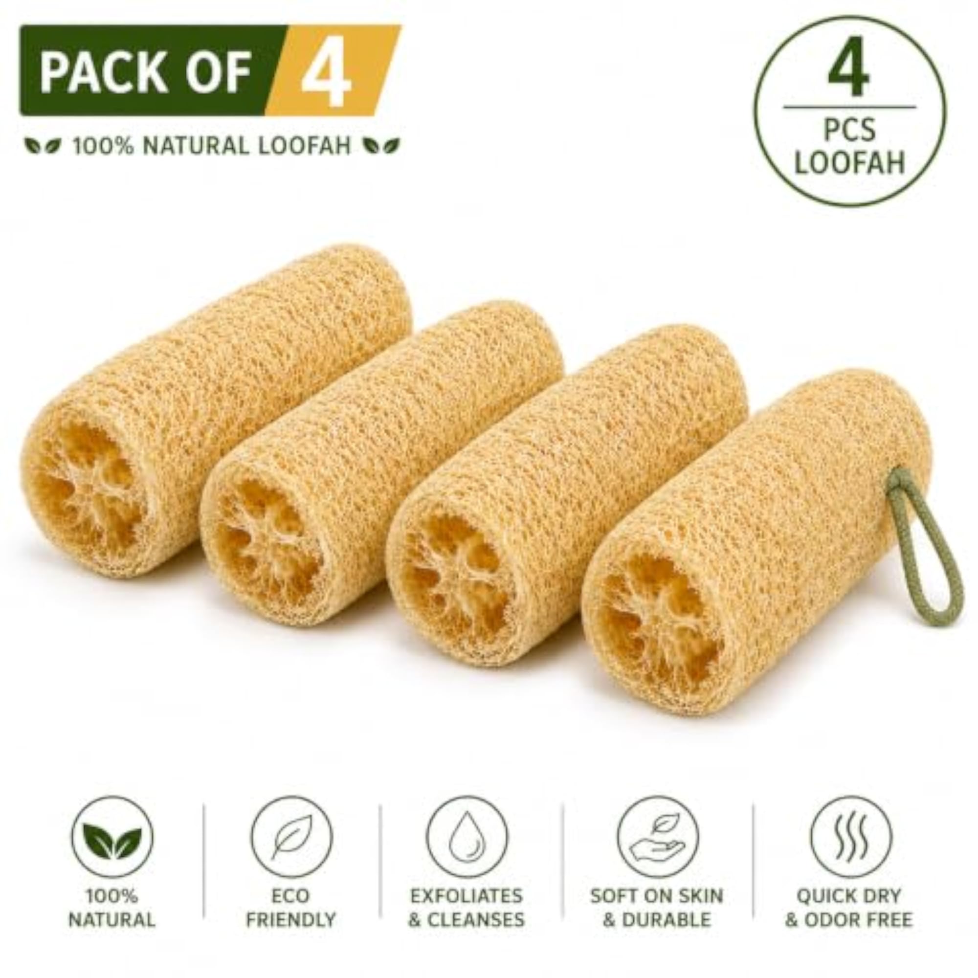 Natural Loofah Sponge, Pack of 4 Extra Large