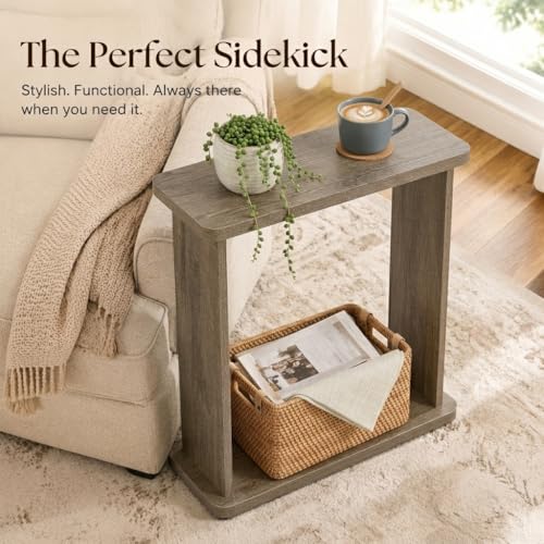 ZEXVIDA Narrow Side Table for Small Spaces, 7.9" Slim End Table with 2-Tier Open Storage Shelf, Modern Skinny Wood Sofa Table for Living Room, Bedroom, Nightstand, Couch, Oak by ZEXVIDA - Image 7