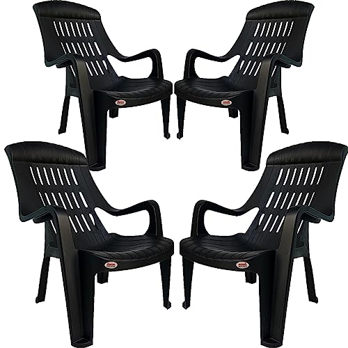 Image of SkyGlamour Supreme Comfy Relax Plastic Arm Chair | Comfort Plastic Chair for Living Room, Garden, Home,Indoor and Outdoor Use | Supreme Outdoor Plastic Chair |Color: Black; Set of 4 Chair