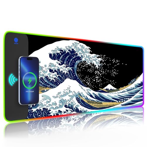 iLeadon RGB Gaming Mouse Pad, Wireless Charging Mouse Pad 5/7.5/10/15W Auto Adjust, 10 Light Modes LED Mouse Pad Non-Slip Rubber Base Computer Keyboard Mat Mousepad for Gaming, Work, Sea Wave