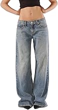 Women Y2k Low Rise Denim Pants Loose Fit Boyfriend Wide Leg Baggy Jeans with Pockets Vintage Casual Streetwear