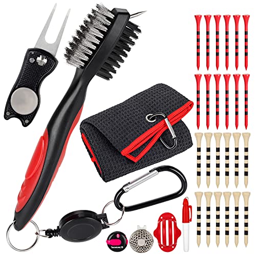Golf Accessories Set 9 in 1 with Golf Towel | Golf Club Brush | Foldable Divot Repair Tool | Golf Ball Marker and Golf Tees | Complete Golf Gift for Men Women