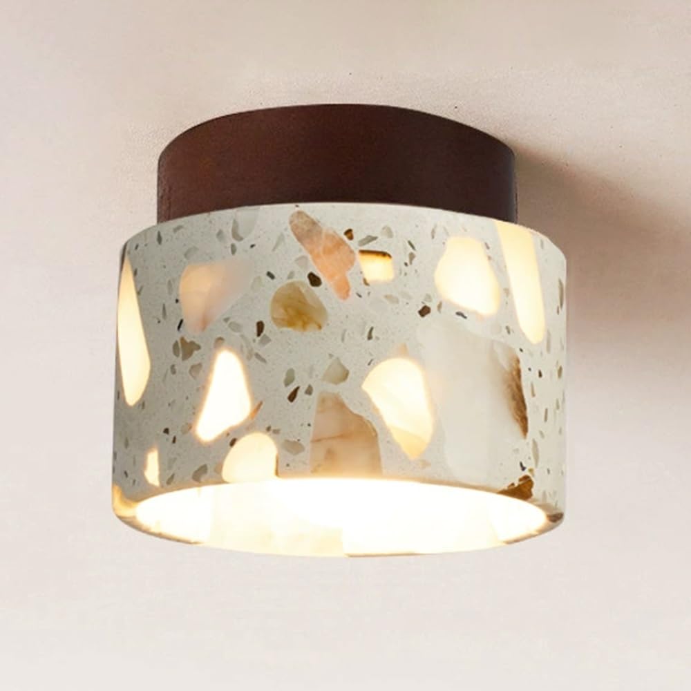 Jadssox Kamienna lampa sufitowa 4,7" Żółty trawertyn, półtynkowa lampa sufitowa, kamienny klosz, drewniana płyta, wabi sabi, lampy sufitowe blisko sypialni, korytarz, schody do przedpokoju
