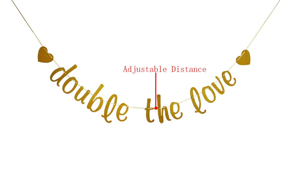 Double The Love Banner para Twins Baby Shower, banderines de revelación de género, decoraciones de fiesta con purpurina dorada
