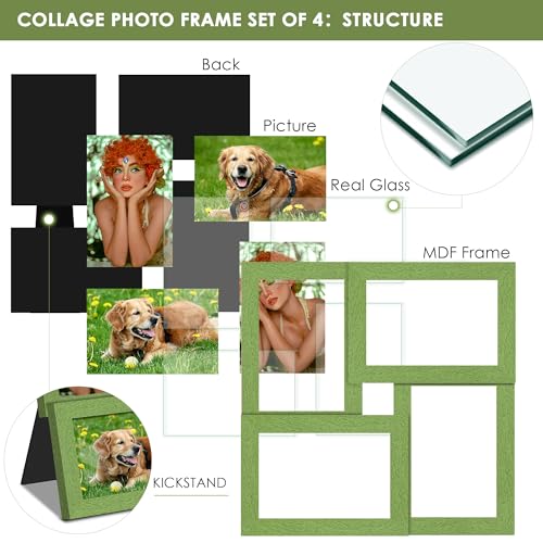 Image of DUENPY 4x6 Collage Frame Tempered Glass For 4 4x6 Photos Green | Premium Tempered Glass Provides Clear Vision, Ideal Decor to Arrange Your Warm Family Photos At Home
