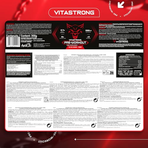 Pre Entreno Fuerte 300g, Preentreno Vegano con Vitamina B12, Citrulina, Beta Alanina, Cafeína, Taurina, AstraGin, Panax Notoginseng, Vitastrong Pre Workout (24 porciones (paquete de 1), Orange)