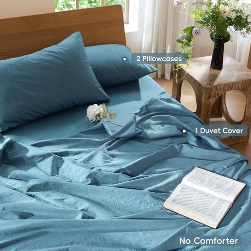 Image of MooMee Duvet Cover Set 100% Washed Cotton Linen Like King | Relaxed Linen-like Texture. Soft, Breathable & Long-lasting Comfort. Lightweight. Hidden Zipper with 8 Interior Corner Ties