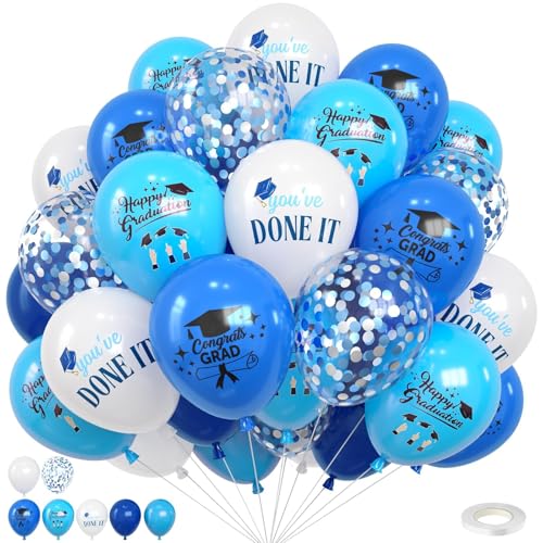 Image of Navy Blue and White Graduation Balloons 12 Inch Graduation Print Balloons