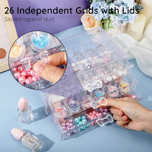 Image of Segbeauty 72 Grids Acrylic Jewelry Organizer, 3 Tier Earring Storage Box, Jewelry Display Stand with Small Compartments, Clear Stackable Storage Drawers for Nail & Bead Organization