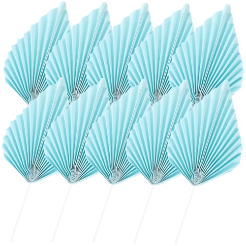 Toyvian 10PCS Large Palm Leaf Paper Fans Cake Decoration Tropical Cake Ornament Cupcake Toppers for Birthday Party in Lake Blue