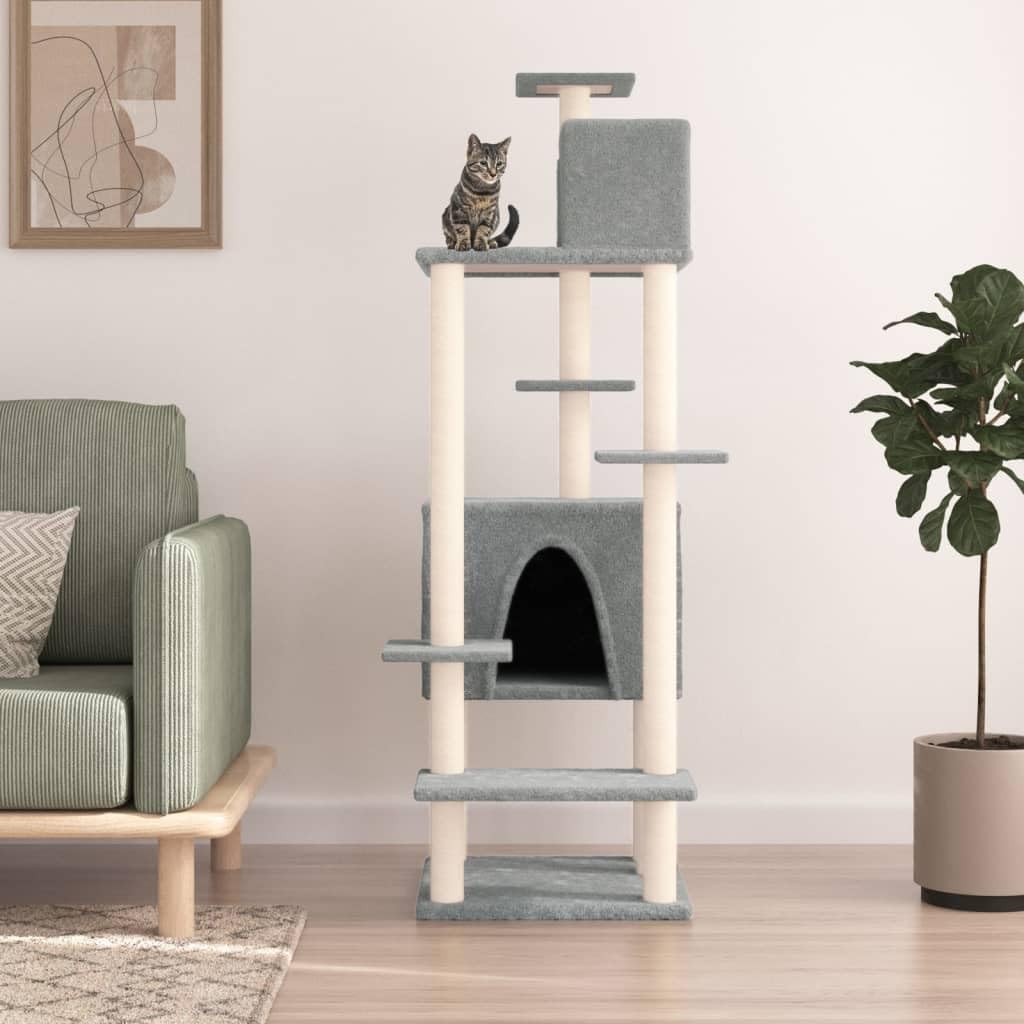 Kratzbaum 154cm Katzenturm mit 2 Häusern Sisal Hellgrau | Vielseitiges Katzenmöbel für Wohnzimmer und Flur mit weichem Plüschbezug und robusten Sisalstämmen zum Klettern.