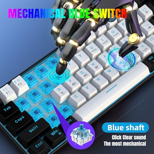 Image of Snpurdiri 60% Wired Mechanical Gaming Keyboard (Black-White, Blue Switches) | Ice Blue LED Backlit 61 Keys Mini Wired Office Keyboard for Windows Laptop PC Mac