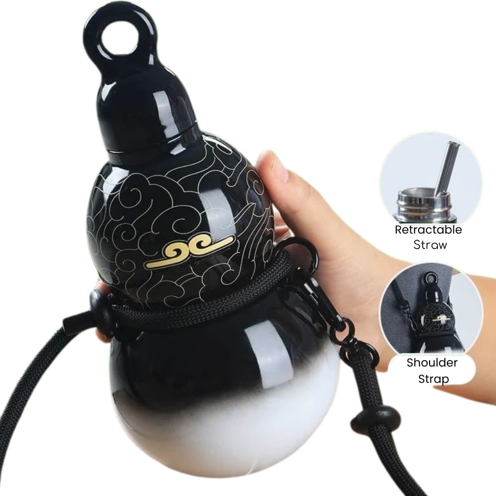 580ml Double Wall Insulated 316 Stainless Steel Water Bottle Gourd Shape Vacuum Flask for Hot Cold Drinks (Black and White)