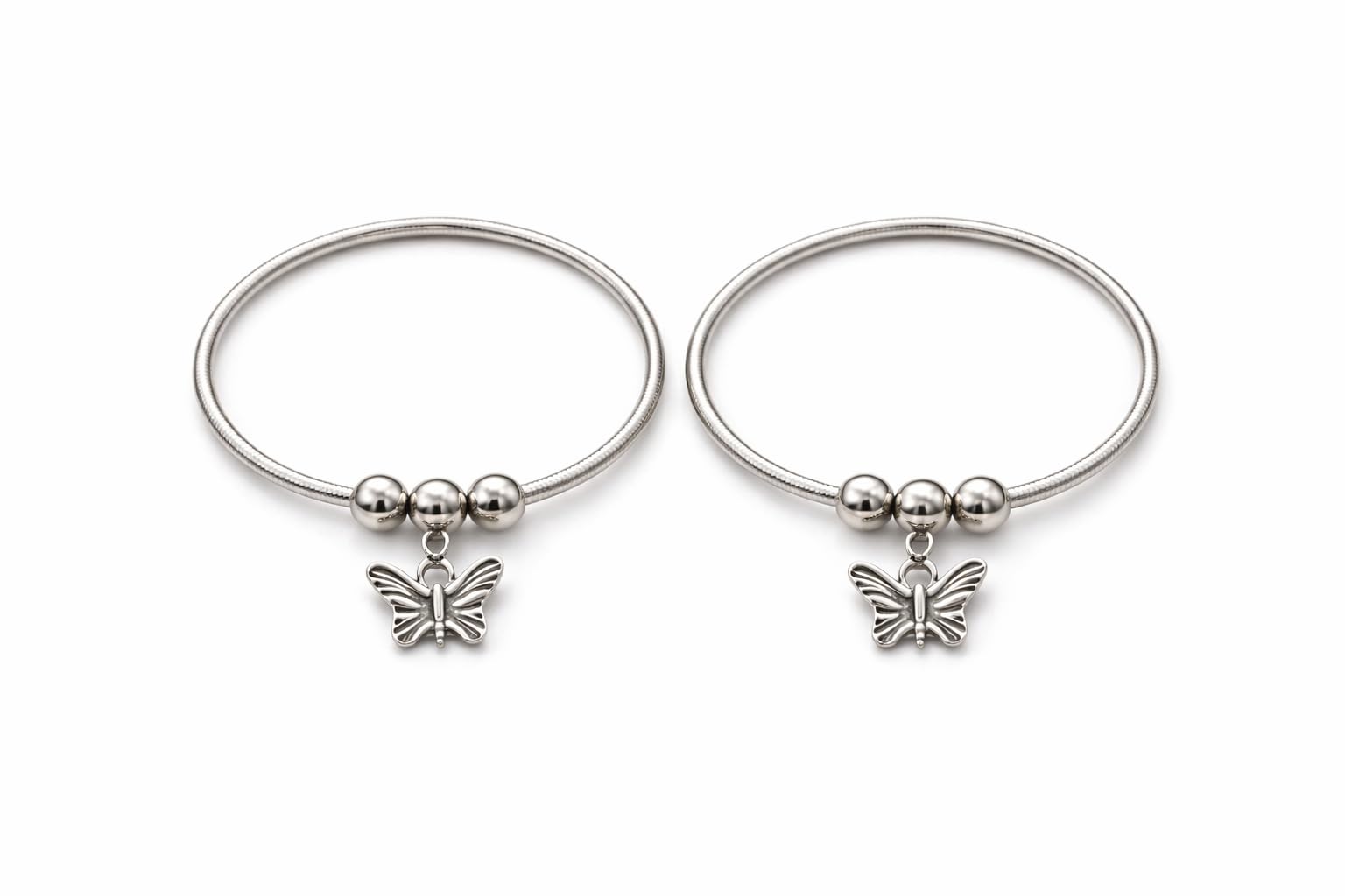 Silver Butterfly Charm Anklet Set, Minimal Snake Chain Beaded Design, Lightweight & Elegant, 2 Piece-image-9