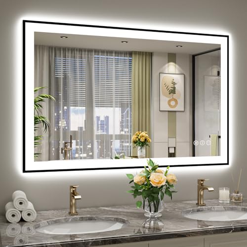 Image of 48x32 Inch LED Bathroom Mirror with Lights (Front Lit and Backlit) Black Framed Lighted Vanity Mirror for Bathroom Wall Dimmable Anti-Fog Memory Tempered Glass Horizontal /Vertical