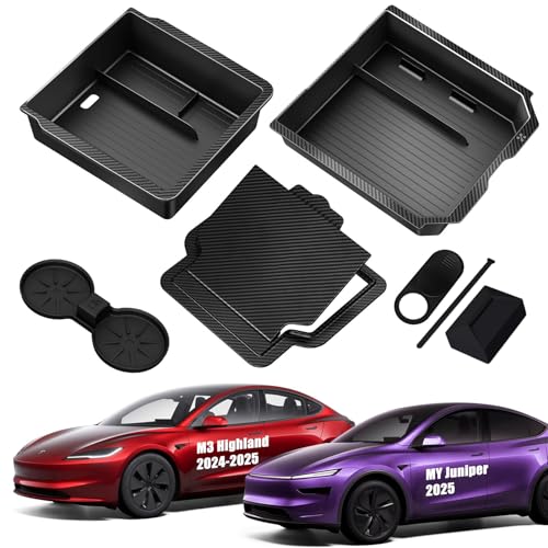 LCLALAY Upgraded Tesla New Model Y Juniper 2025-2026 & Model 3 (2024-2025) Accessories 2025 Highland Center Console Organizer Tray 5PCS, Hidden Storage Box, Cup Holder & Armrest Drawer Organizer