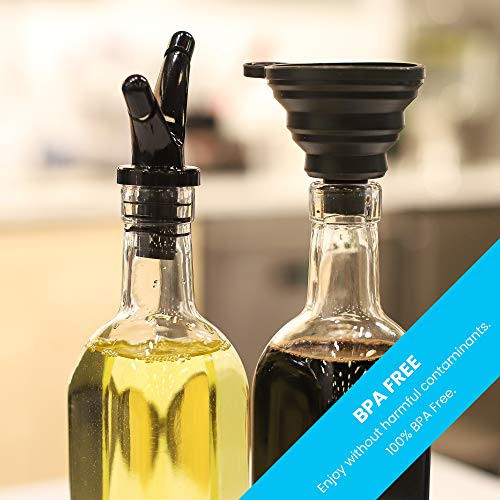 Zeppoli Oil and Vinegar Bottle Dispenser Set with Stainless Steel Rack and Removable Cork - Dual Spout, Pouring Funnel, 4 Spout Seals, 17 oz Olive Oil Bottle and Vinegar Glass Set