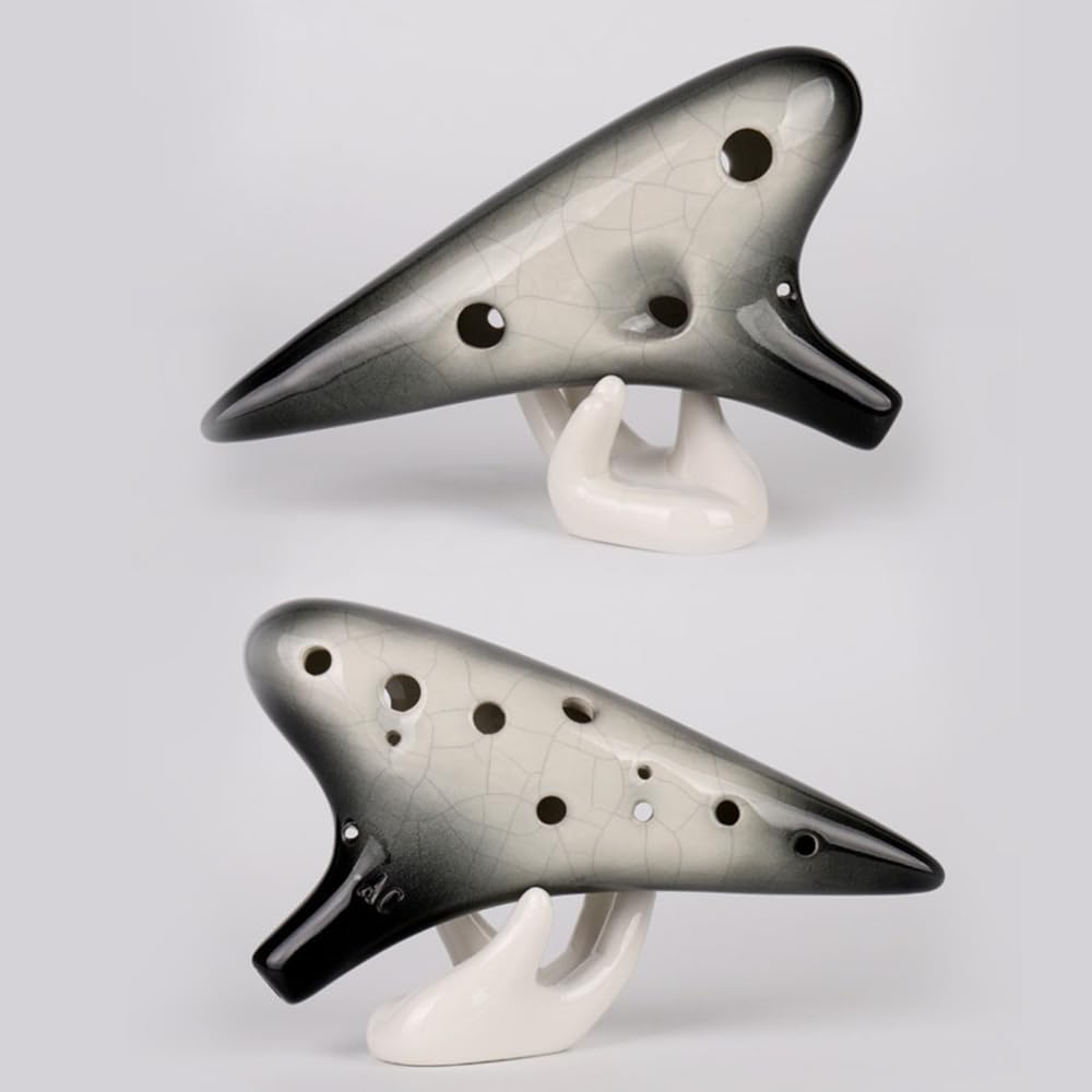 Ocarina de cerámica de 12 agujeros alto C con patrón agrietado con libro de texto y bolsa protectora, perfecta para principiantes y rendimiento profesional (negro degradado agrietado)