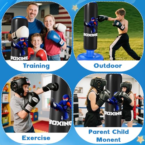 Boxsack für Kinder, Qoosea 160cm Boxsack Stehender Aufblasbarer Standboxsack mit Boxhandschuhe UNE Pumpe, Geschenk für Jungen & Mädchen von 3–12 Jahren Üben von Karate, Kickboxen,Taekwondo