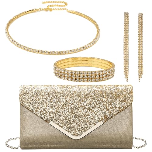 OUAYEMEL - Pochette à paillettes pour femme avec chaîne, sac à main de soirée, mariage, bal de promo, fête, avec 4 pièces de bijoux à strass élégants, doré,...