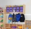 Contender 10 Section Cube Wall Mounted Shelf with Purple Plastic Storage Containers for Organizing Toys, Games, School Art and Craft Supplies in Natural Color, UV Finish #1