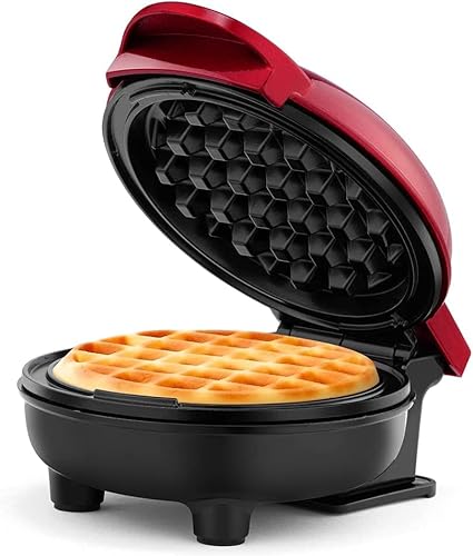 Image of PrimAlite Mini Waffle Maker 4 Inch- 350 Watts: Stainless Steel Non-Stick Electric Iron Machine for Individual Belgian Waffles, Pan Cakes, Paninis or Other Snacks - Tangy Red