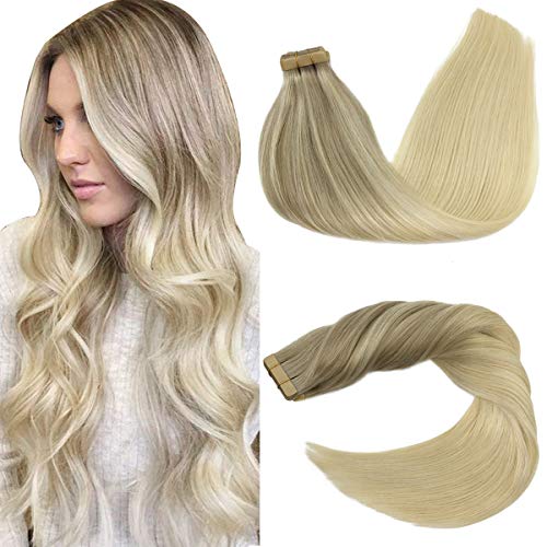 GOO GOO Human Hair Extensions Tape in 20 Inch Balayage Ash Blonde to Golden Blonde and Platinum Blonde Tape in Hair Extensions Human Hair 20pcs 50g Remy Hair Extensions