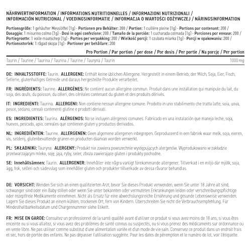 Taurine en Poudre, Taurine 1000 mg, Taurine Pure, Complément Naturel pour Hydratation, Endurance Musculaires, Idéal pour Entraînement, Soutient les Fonctions Cardiaques (200 g – 200 Portions) – Image 8