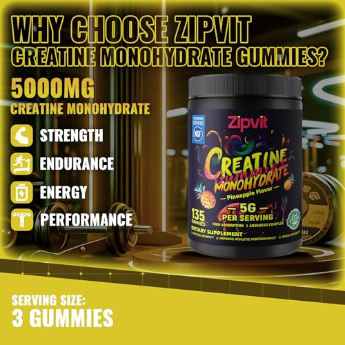 Image of Creatine Monohydrate Gummies, NSF Certified Creatine Gummy, 5g Dose for Men & Women to Support Muscle, Strength, Recovery, Cognitive Health & Memory, Pineapple Flavor, 135 Gummies