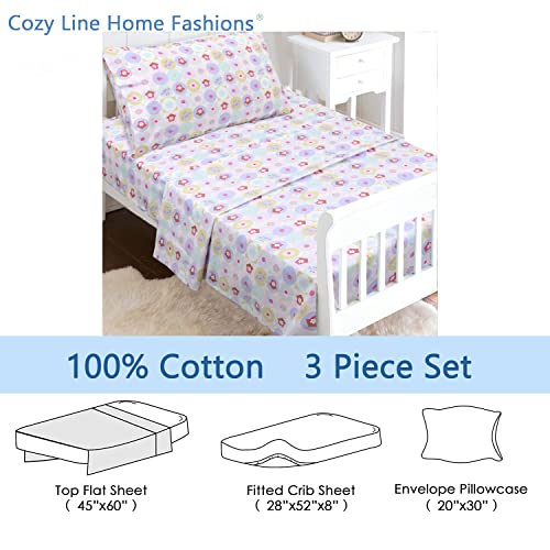 Image of Cozy Line Home Fashions 100 Cotton 3 Piece Toddler Sheet Set, Soft Breathable Crib Bedding Set for Girls Includes a Flat Sheet, a Fitted Sheet, a Pillowcase, Spring Floral Bloom Geometric Garden Pink