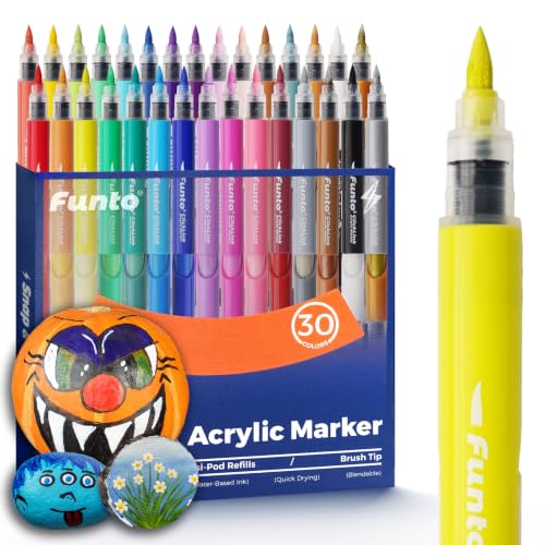 Image of Funto Acrylic Paint Markers, 30 Colors Brush Tip Paint Pens for Lettering, DIY Crafts, Wood, Rock, Canvas, Glass & Ceramic, Quick-Drying Acrylic Markers for Art Projects, School Supplies