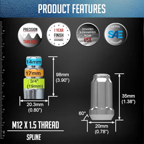 Image of Wheel Accessories Parts 16 Pcs M12x1.5 12x1.5 Thread Car Spline 1.38 inch 35mm Long Lug Nuts Chrome Spline Hex Fits Can Am | Honda | Polaris