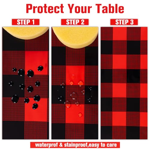 Image of Kesfey 3 Packs Buffalo Check Plaid Table Cloth 54 x 108 Inches Red and Black Gingham Christmas Party Tablecloth Winter Plastic Checkered Tablecover for Dinner Picnic