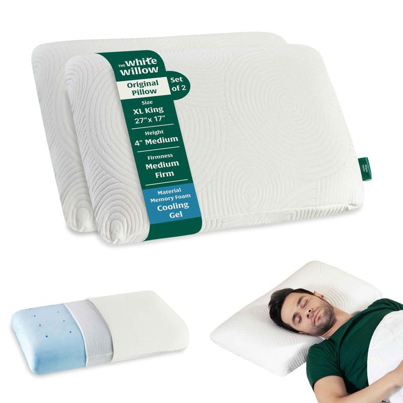The White Willow Memory Foam Pillow Set of 2-Cool Gel Pillow For Neck & Shoulder Pain-Cervical Pillow For Sleeping-Orthopedic Pillow For Back, Side & Stomach Sleeper-Medium Firm-XL King Size-4"H-White