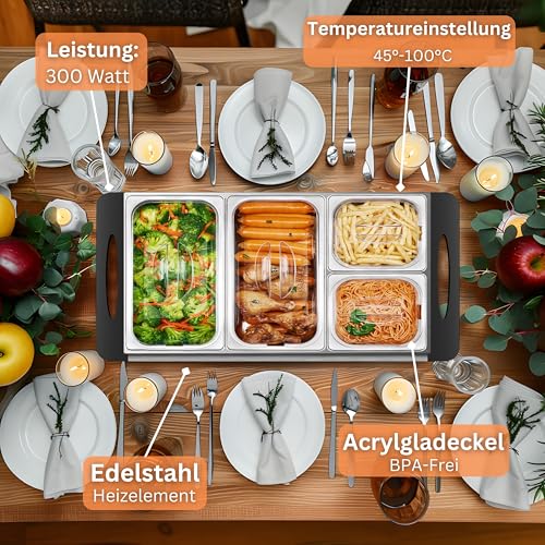 Foto von Buffetwärmer | Warmhalteplatte | Speisewärmer | 300 Watt | 4 Speisebehälter | Buffet Wärmer | Speisenwärmer | Chafing Dishes Speise Wärmer | Buffet & Catering