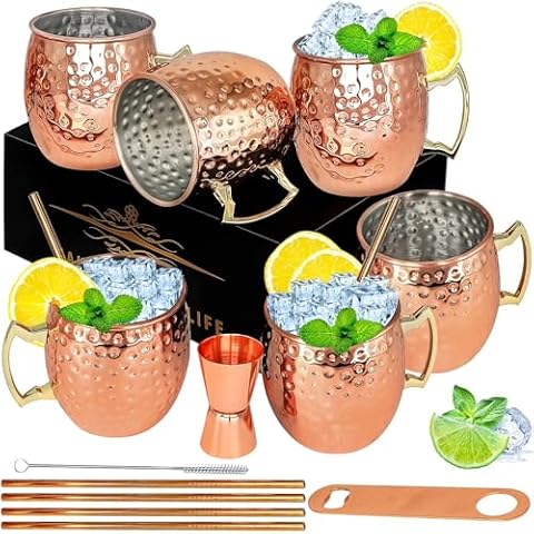 LINALL Moscow Mule Copper Mugs- Set of 6 Copper Plated Stainless Steel Mug 18oz, for Chilled Drinks (6 Pack) Cover