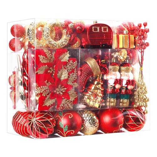 SHareconn 135pcs Christmas Balls Ornaments Set, Shatterproof Plastic Baubles for Xmas Tree Holiday Wedding Party Decorations with Hanging Strings, Red and Gold