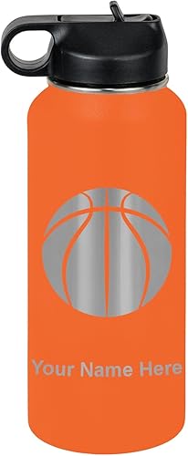 Miniatura 51 de LaserGram Botella de agua personalizada, pelota de baloncesto, acero inoxidable de doble pared aislada al vacío con popote superior, regalo grabado