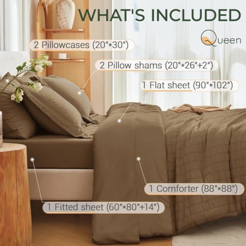 Image of MUXHOMO 7 Pieces Queen Comforter Set, Seersucker Bed in a Bag Queen Size, All Season Luxury Bedding Set with Comforter, Flat Sheet, Fitted Sheet, Pillowcases & Shams, Brown