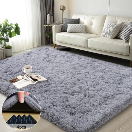 3x5 Rugs for Bedroom, Fluffy Area Rugs for Living Room, Soft Shag Kids Rug Small Carpet with 4 Non-Slip Rug Pads (Light Grey, 3ft x 5ft)