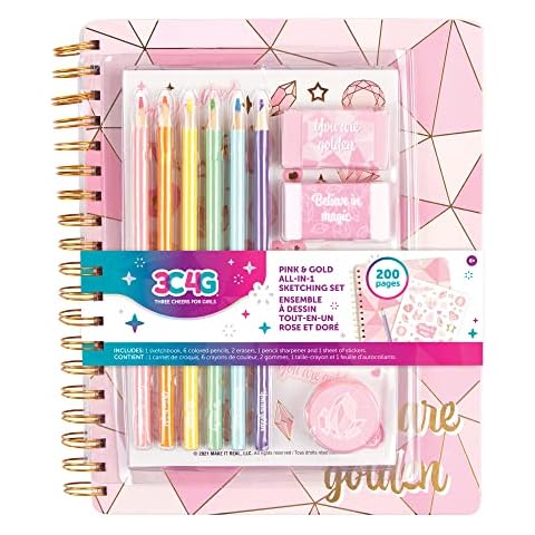Three Cheers for Girls - Pink & Gold All-In-1 Sketchbook Set - Girls Diary, Journal, Sketch Book for Kids w/ Pencils, Stickers & More - Drawing Kit for Kids - Unlined Diary for Girls - Kids Sketch Pad Cover