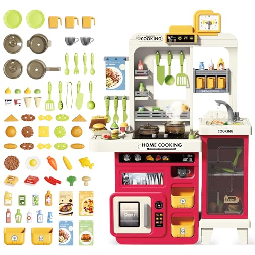 deAO Cocina de Juguete niños, 68 Accesoriosa, Cocinita Infantil con Utensilios De Cocina, Gran Armario, Estufa, Fregadero, Vapor de Agua, Sonido Y Luz, Cocinitas de Juguetes (Rojo)