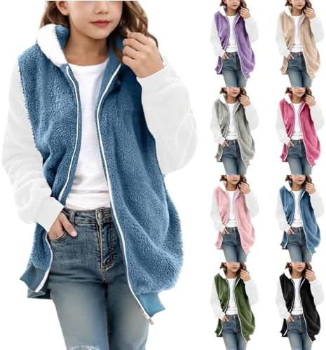 Fuzzy Fleece Jacket for Teen Girls Warm Winter Hooded Coats Fleece Sherpa Jacket Zip Up Casual Cardigan Outerwear